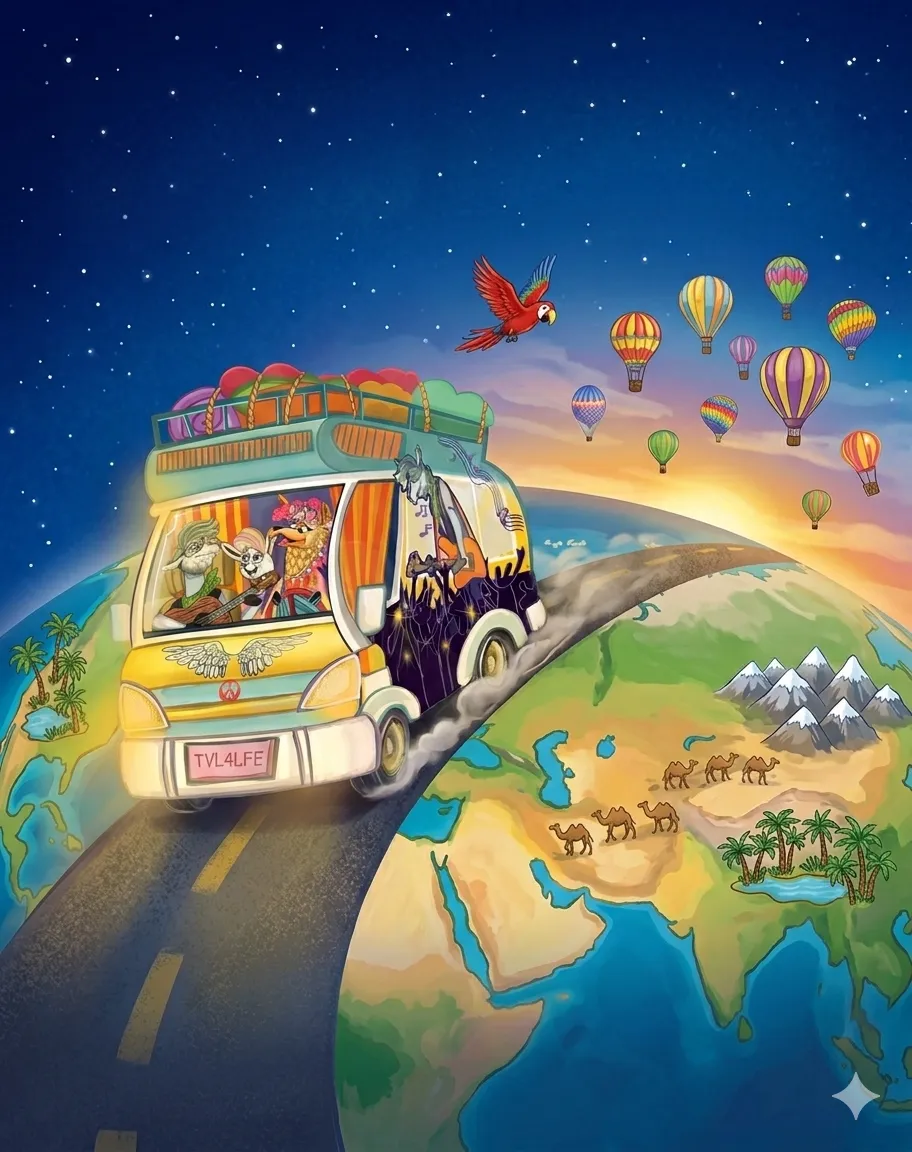 Sugars Travels family driving the Harmony Hauler RV around the globe with hot air balloons and world landmarks